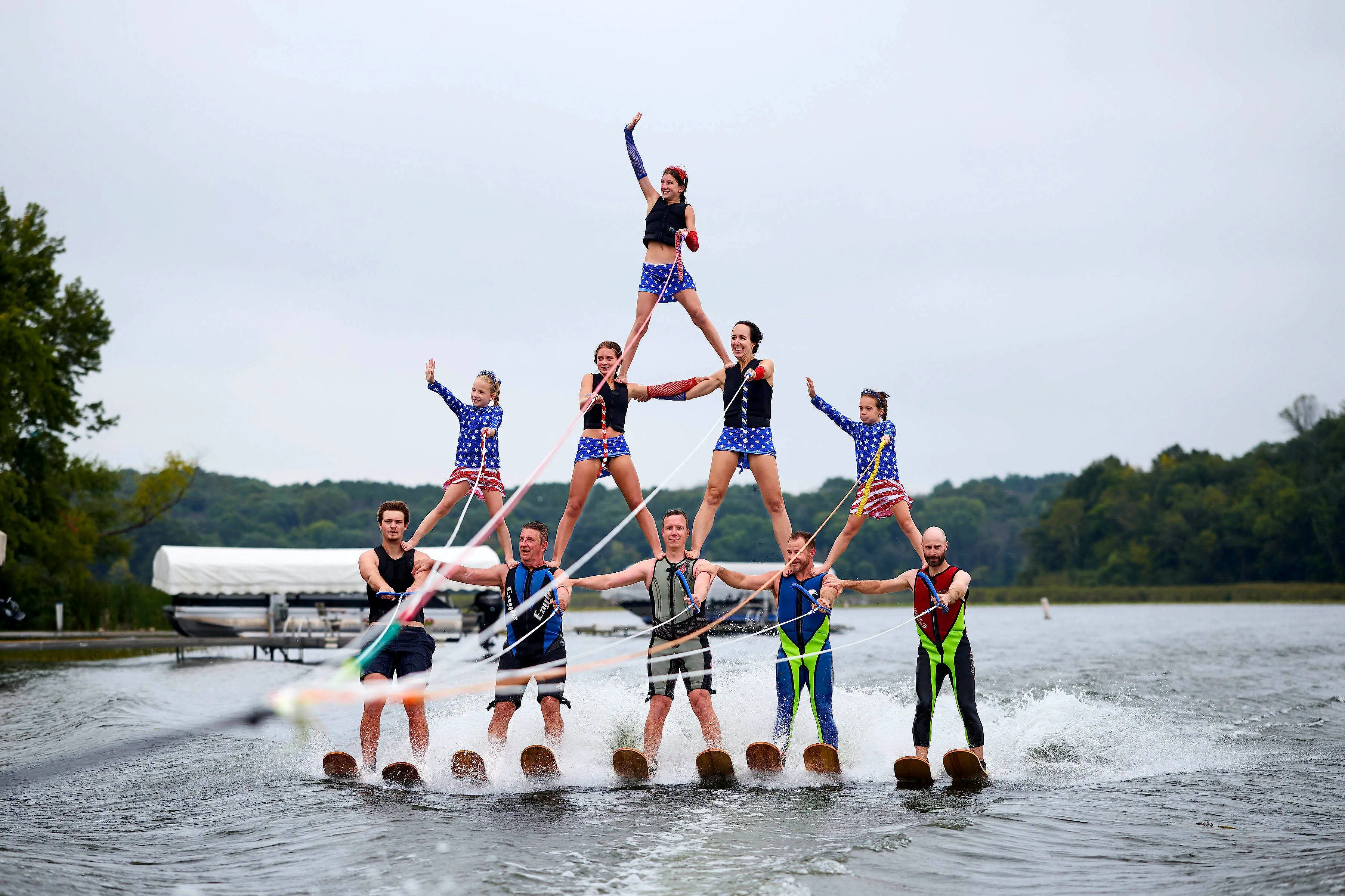Waterski pyramid stunt on Lake Minnewashta